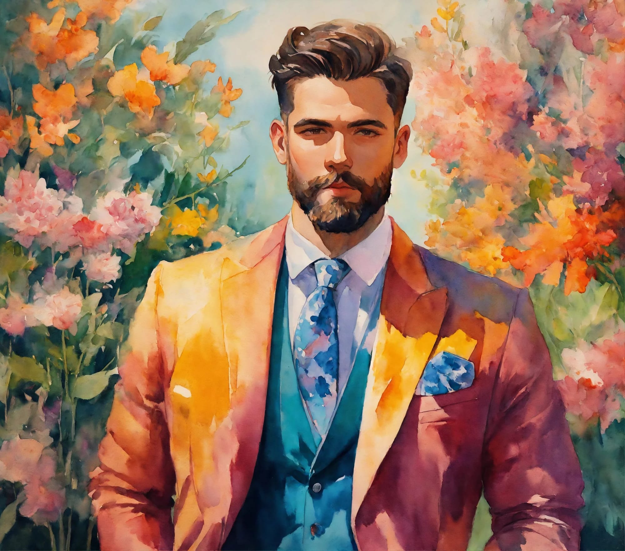A man wearing a warm yellow-pink blazer tuxedo with turquiose accents