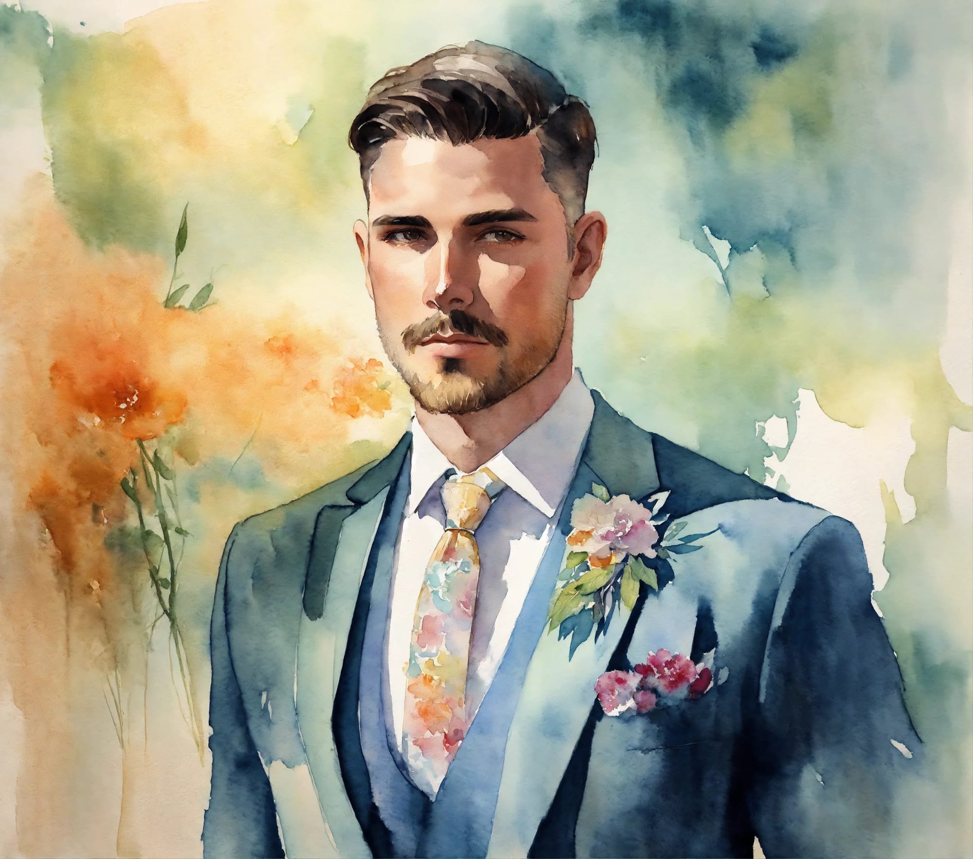 A man wearing a muted blue tuxedo