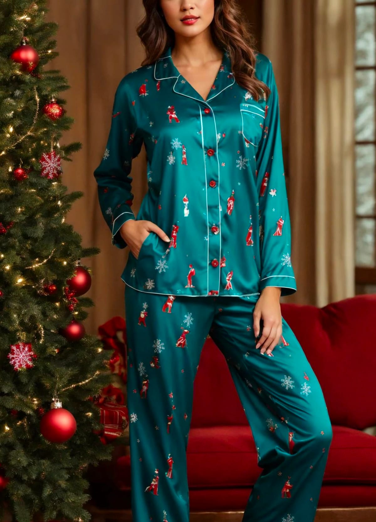 A woman wearing a Christmas pajama in green with a colorful Christmas pattern