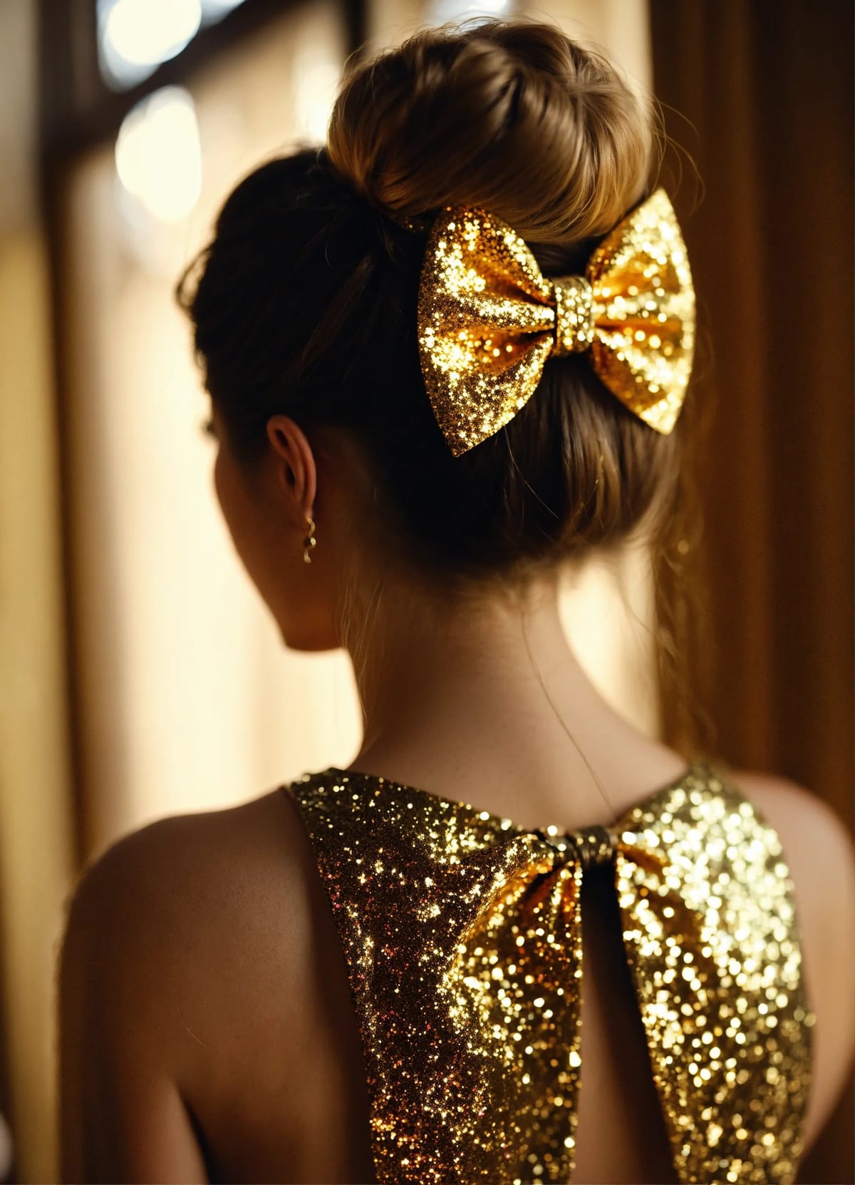 A woman from behind with a sparkling golden hair bow and a sparkling golden dress