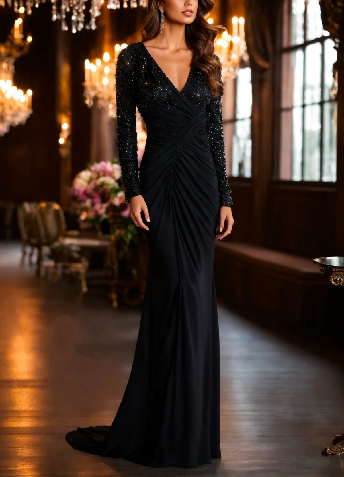 A woman wearing a sparkling black dress
