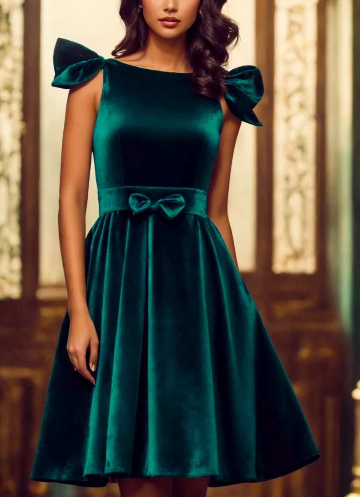 A woman wearing a velvet dress with bows at the shoulders in a muted green shade