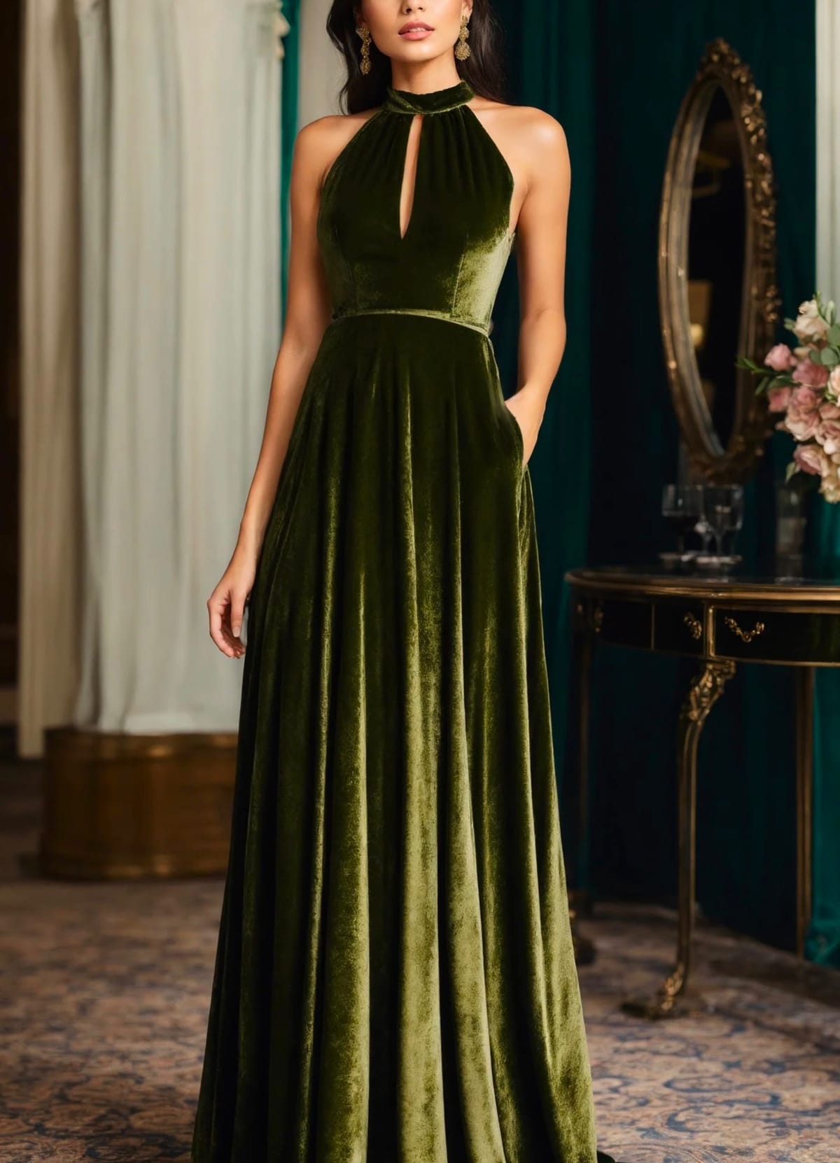 A woman wearing a velvet dress in a muted olive shade