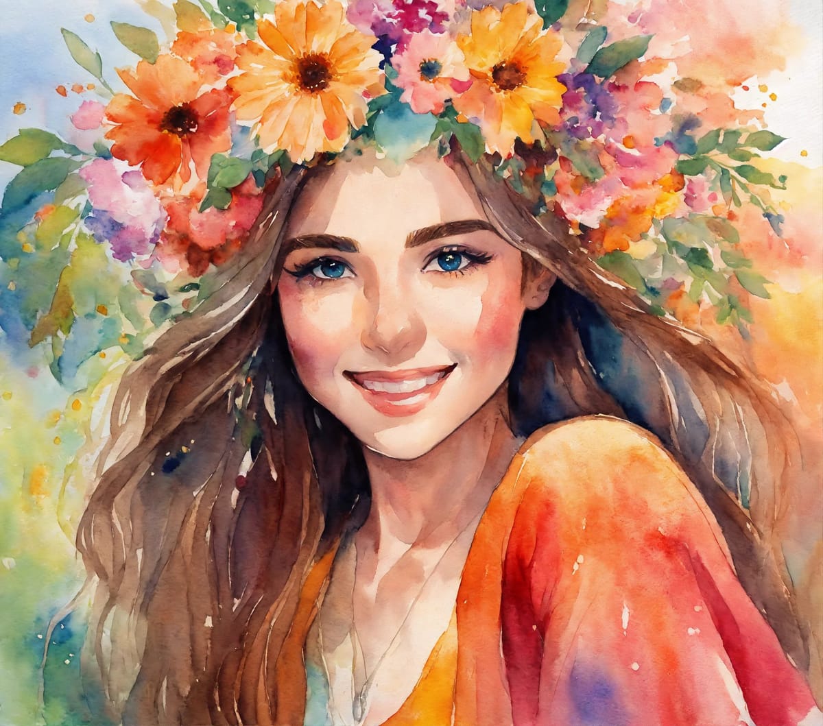 A girl wearing a colorful flower crown and top
